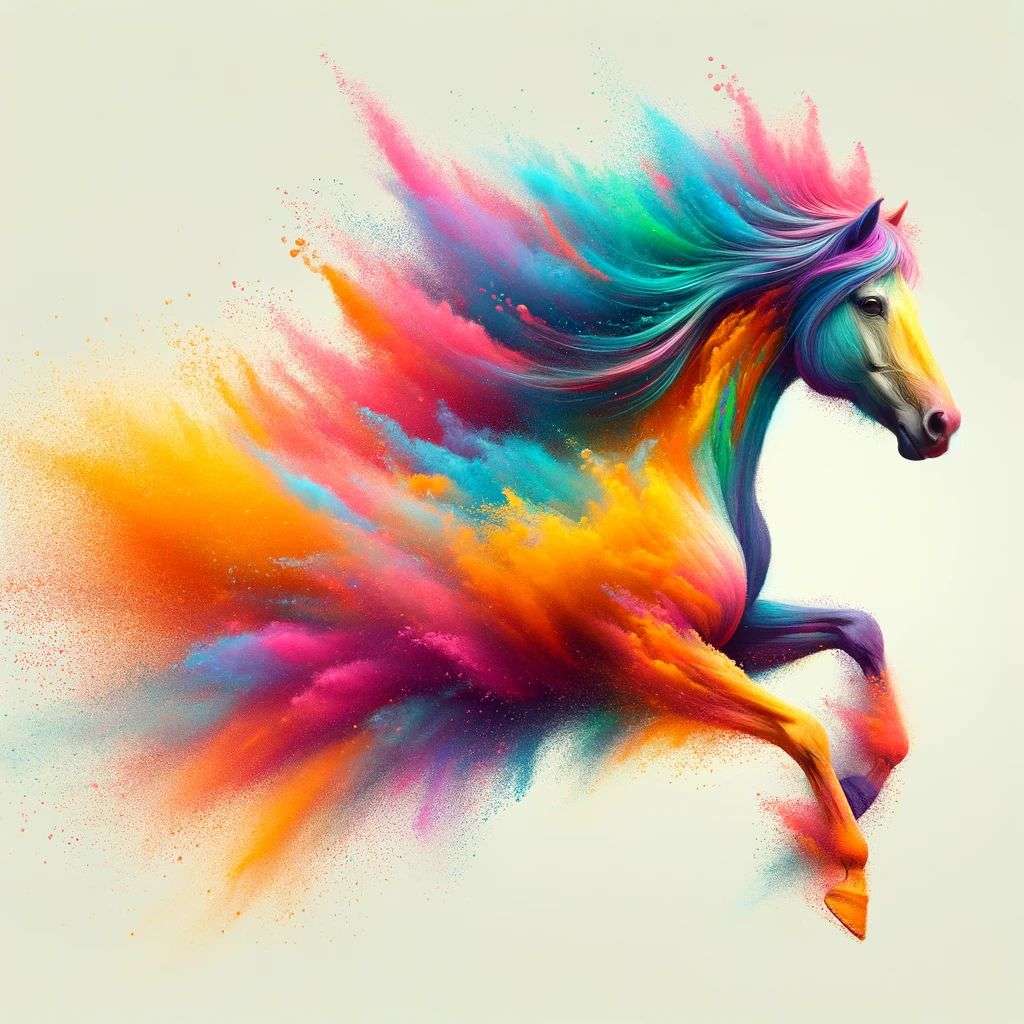a horse, made from a burst of colored powder, digital art
